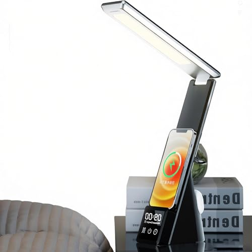 AYI Multi-Functional Wireless Charging Lamp with LED Display, Alarm Clock, 3 Color Light Modes, Foldable & Portable, 15W Fast Wireless Charger Stand for Smartphones, Smartwatches, Earbuds, N61 Black. - color: Wireless charger Table lamp N61 Black