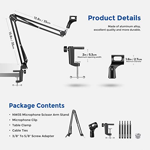 Neewer Microphone Arm Stand, Suspension Boom Scissor Mic Arm Stand with 3/8” to 5/8” Screw and Cable Ties Compatible with Blue Yeti, Snowball, Yeti X, Quadcast and Other Mics, Max Load 1.5kg - style: NW-35