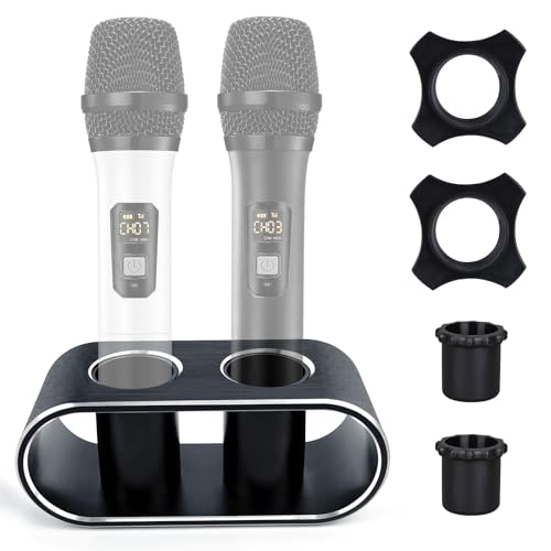 Desktop Microphone Holder for Organize and Display 2 Wireless Mics | Aluminum Alloy, inlcuded 2 Rubber Anti-roll Rings and Anti-scratch Sleeves, for Home Singing, Party, Karaoke, Theater, Salon
