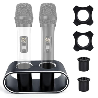 Desktop Microphone Holder for Organize and Display 2 Wireless Mics | Aluminum Alloy, inlcuded 2 Rubber Anti-roll Rings and Anti-scratch Sleeves, for Home Singing, Party, Karaoke, Theater, Salon