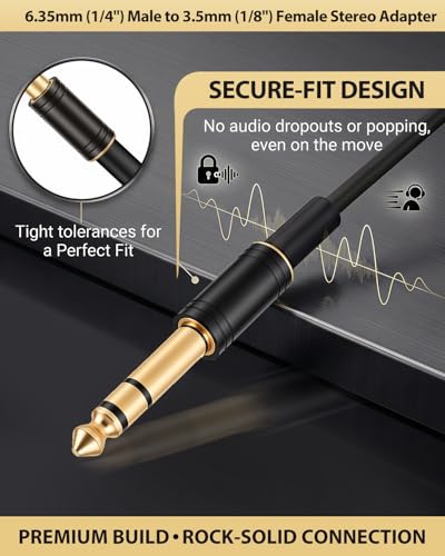 1/8"(3.5mm) Male to 1/4"(6.35mm) Female Headphone Adapter | 1/4"(6.35mm) Male to 1/8"(3.5mm) Female Audio Jack Converter, Gold-Plated for Amp, Digital Piano & Guitar, Mixer, Aux, Drums - color: Black Kit