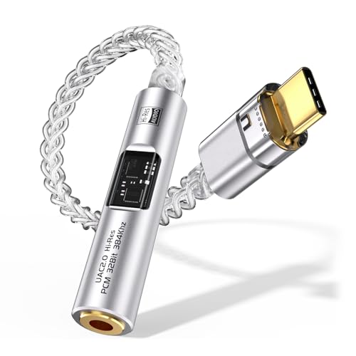USB C to 3.5mm Audio Adapter DAC with Dual Chip CX31993 MAX97220 & HiFi Headphone Amplifier Dongle,8-Strand 4N Single-Crystal Copper Cable,Compatible with iPhone/Samsung/PC Mac (Silver) - color: Silver