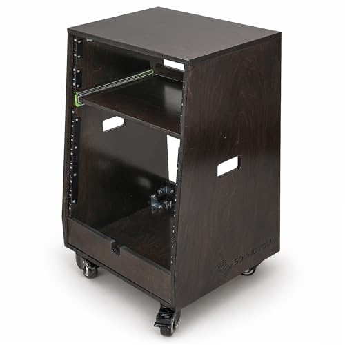 Sound Town DIY Slanted 12U Studio Rack (4U Top + 8U Lower) with 2U Bottom Storage, Slide-Out Tray, Casters, for Home Studio and Recording Room, Birch Plywood, Black Espresso (SDRK-ST12TD) - size: 12u(4u Top + 8u Lower),Black Espresso