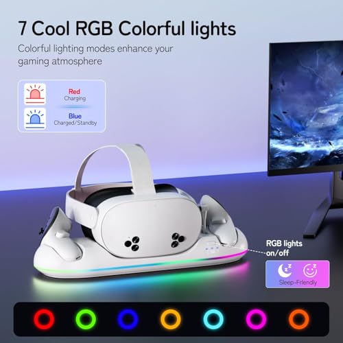 GearSpire 30W Fast Charging Dock Station for Quest 2/3/3S, White RGB LED Stand with USB-C Fast Charging, Controller Charger, VR Headset Accessories30
