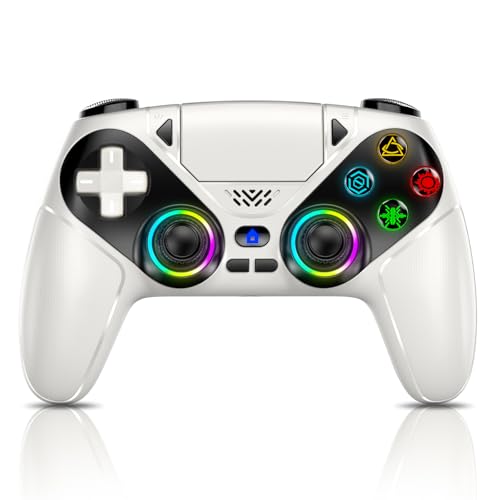 Gamrombo LED Wireless Controller for PS5, Compatible with PS5 Pro/Slim/PC, Dual Vibration, Macro/Turbo Function, 3.5mm Audio Jack, 6-Axis Motion Control Gamepad with Speaker(White) - color: White