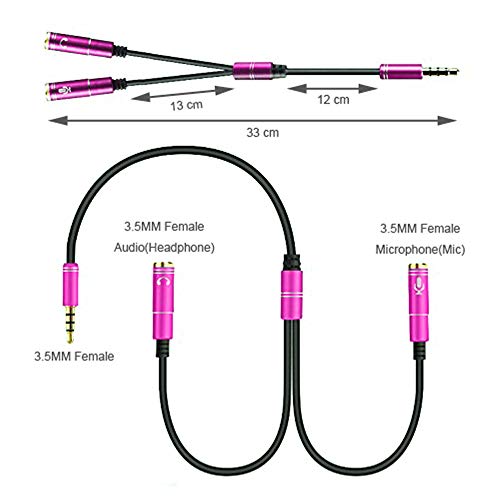 Hot Pink Headset Y Splitter Audio Adapter Cable 3.5mm Male to 2 Female Mic Audio CTIA Headphone Adapter Compatible with PC Gaming Headset,PS4,Xbox One,Notebook,Android iPhone Tablet MP3