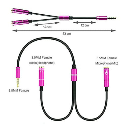 Hot Pink Headset Y Splitter Audio Adapter Cable 3.5mm Male to 2 Female Mic Audio CTIA Headphone Adapter Compatible with PC Gaming Headset,PS4,Xbox One,Notebook,Android iPhone Tablet MP3