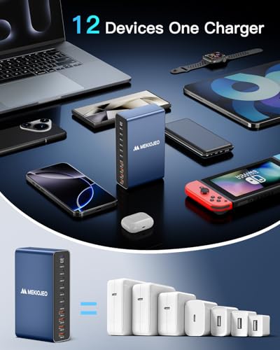MEKIOJEO 12 Ports Aluminum Alloy 380W Charging Station USB C Charger Block | 65W Laptop Fast GaN Charger for MacBook Pro/Air/iPad Pro/iPhone (Blue) - color: Blue