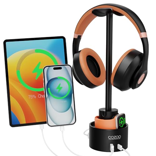 Headphone Stand with 3 USB Charger Desktop Gaming Headset Holder Hanger with 3 USB Charging Station,Watch Stand and Watch Wireless Charging,DJ,Earphone Display Accessories,Gamers Gifts for Him