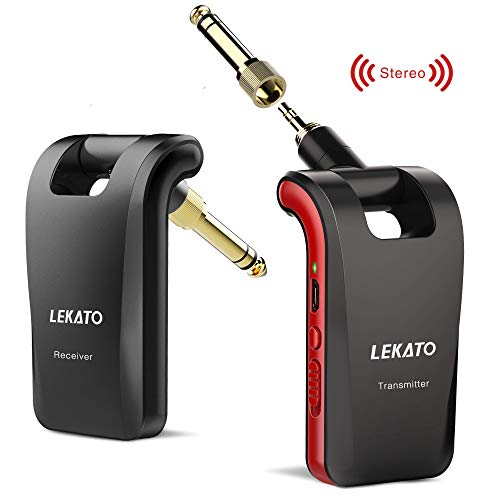 LEKATO Wireless Guitar System 2.4GHz Rechargeable Audio Wireless Transmitter Receiver 6 Channels for Guitar Bass Electric Instruments, Stereo and Mono 1/4” & 1/8” 2 in 1 Plugs,Black(WS-60) - color: black