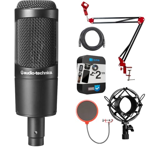 Audio-Technica Cardioid Condenser Microphone AT2035 Bundle with 2 YR CPS Enhanced Protection Pack, Metal Shock Mount, Pop Filter, Suspension Boom Scissor Arm Stand and 25ft XLR Cable