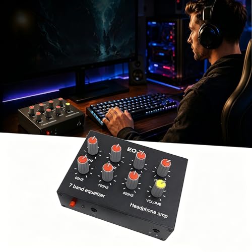 EQ-7 Mini 7 Band Equalizer and Headphone Amp, RCA 3.5mm Input | TL074 and NE5532 chips, level knobs, 16 to 600 ohm drive, for home audio, speaker, and gaming setups.