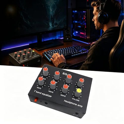 EQ-7 Mini 7 Band Equalizer and Headphone Amp, RCA 3.5mm Input | TL074 and NE5532 chips, level knobs, 16 to 600 ohm drive, for home audio, speaker, and gaming setups.