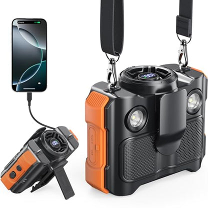 Portable Waist Fan 4-in-1, 16000 RPM Max 5-Speed Rechargeable Clip-On Fan with Bluetooth Speaker, Emergency Power Source 8000mAh, LED Light, Digital Display for Travel Camping Office