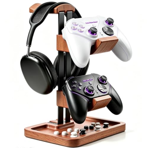 LOXP Walnut Headphone and Controller Stand, 2-in-1 Holder with Storage | Solid Wood Gaming Headphone Stand, Built-in Storage, Non-Slip, Fits Xbox PS5 Switch Controllers, Desktop Organizer for Gamers