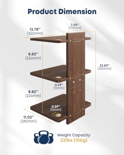 Floating TV Projector Shelf Wall Mount - 3 Tier Wooden Shelf, Walnut Brown | Home Decor, Cable Management, DVD Player, Router, Game Console, Cable Box, Play Station, Holds Up to 22lbs per Shelf - size: 3-Tier Shelf