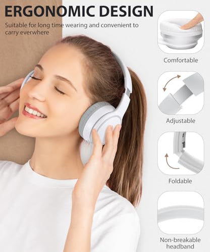 rockpapa E9 Over Ear Bluetooth Headphones for Kids Children Boy Girl Adult, Stereo Foldable Wired/Wireless Headphones with Microphone for School Travel Tablet PC TV, Include Case, White Grey - color: White Grey, style: with Case