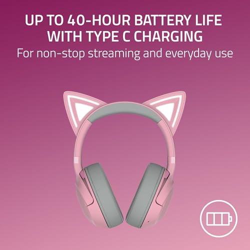 Razer Kraken Kitty V2 BT Wireless RGB Headset, Pink | Chroma RGB Kitty Ears & Earcups, Bluetooth 5.2, 40 mm Drivers, Noise-cancelling Mics, Lightweight, USB-C, 40 Hr Battery - color: Quartz Pink