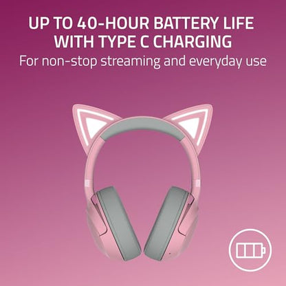 Razer Kraken Kitty V2 BT Wireless RGB Headset, Pink | Chroma RGB Kitty Ears & Earcups, Bluetooth 5.2, 40 mm Drivers, Noise-cancelling Mics, Lightweight, USB-C, 40 Hr Battery - color: Quartz Pink