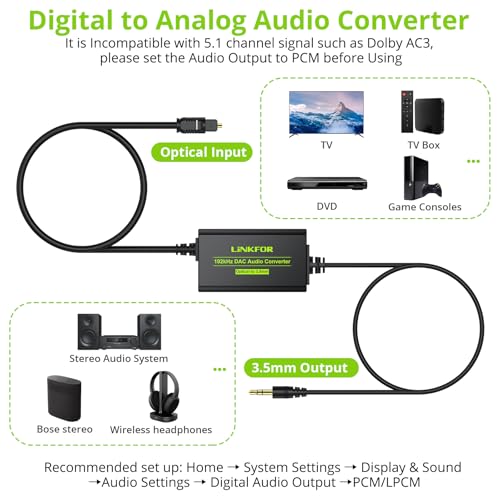LiNKFOR 192kHz DAC Converter SPDIF to 3.5mm AUX Digital to Analog Audio Converter Optical Toslink to 3.5mm Audio Adapter with Optical Cable for HDTV Blu Ray DVD Amps - style: SPDIF to 3.5mm Converter
