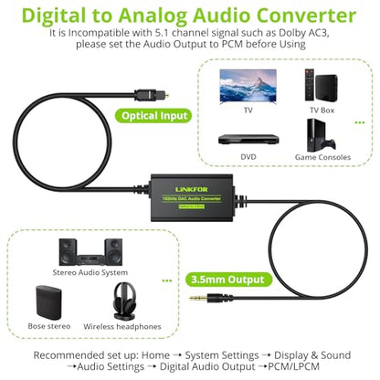 LiNKFOR 192kHz DAC Converter SPDIF to 3.5mm AUX Digital to Analog Audio Converter Optical Toslink to 3.5mm Audio Adapter with Optical Cable for HDTV Blu Ray DVD Amps - style: SPDIF to 3.5mm Converter
