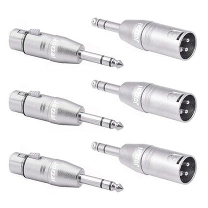 1/4 TRS to XLR Adapter for Microphone, Mixer, 6 Pack(3 Pairs), Silver, 3 Male to 1/4 Connector, 3 Female to 6.35mm Coupler, 3 PIN XLR Adapter Connector, Zinc Alloy with Nickel Plating - size: 3PX2 (Male to Female, Male to Male), style: 1/4" TRS to XLR Ada