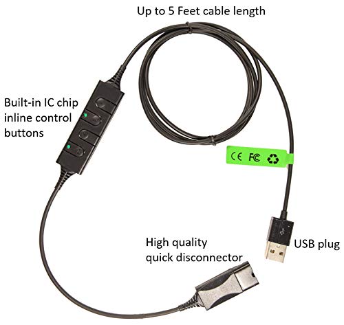 Call Center Headset Quick Disconnect QD Cable to USB Plug Adapter with Mute + Volume Control Compatible with Plantronic Headset QD Connector Plug to Any Computer Laptop VOIP Softphone