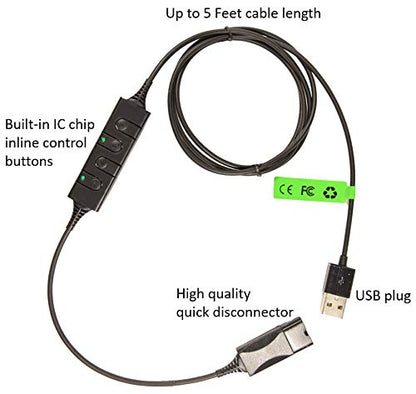 Call Center Headset Quick Disconnect QD Cable to USB Plug Adapter with Mute + Volume Control Compatible with Plantronic Headset QD Connector Plug to Any Computer Laptop VOIP Softphone