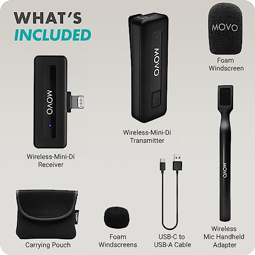 Movo Wireless Mini DI Ultra Compact Wireless Lavalier Microphone for iPhone with WMX-HM Handheld Adapter - Lapel Mic with Handle Mount for Content Creators, Interviews, Reporting and More