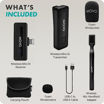 Movo Wireless Mini DI Ultra Compact Wireless Lavalier Microphone for iPhone with WMX-HM Handheld Adapter - Lapel Mic with Handle Mount for Content Creators, Interviews, Reporting and More