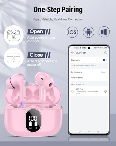 Wireless Earbuds, Bluetooth 5.4 Headphones Bass Stereo/Clear Calls, Pink | Ear Buds with Noise Cancelling Mic LED Display in Ear Earphones IP7 Waterproof 36H Bluetooth Earbuds for Phones/Sport/Laptop - color: Pink