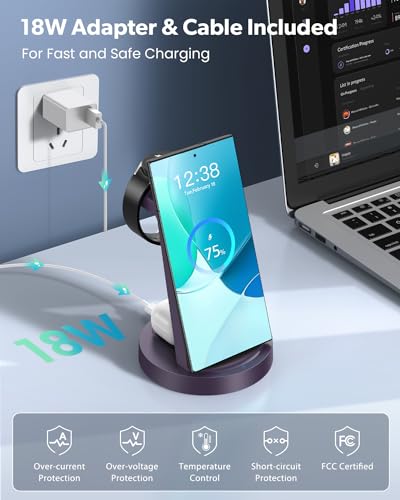 Wireless Charger for Samsung: 3 in 1 Wireless Charging Station | for Samsung Galaxy Watch 8 7 6 5 4 3 Pro S26 S25 S24 S23 S22 Ultra Z Fold Android, 18W adapter, Idea for Home Office Travel - color: Purple