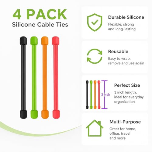 4Pcs 3in Silicone Cable Tie, Cord Organizer for Bundling Earphone, Computer Cords, Reusable Straps for Home, Office, Kitchen