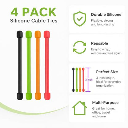 4Pcs 3in Silicone Cable Tie, Cord Organizer for Bundling Earphone, Computer Cords, Reusable Straps for Home, Office, Kitchen