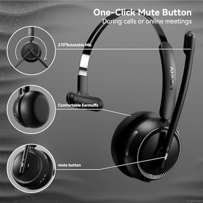 LEVN Wireless Headset 5.2 for Call Center, BluetoothHeadphones with Mic for Work(Noise Cancelling), 65 HoursWoktime & Mute Button,Wireless Headset for Work fromHome/Office/PC/Computer/Laptop(Black)