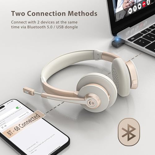 Wireless Headset, Bluetooth Headset with Microphone AI Noise Canceling & USB Dongle, On-Ear Wireless Headphones with Mic Mute & Charge Dock for Work Computer Phone Office Call Meeting