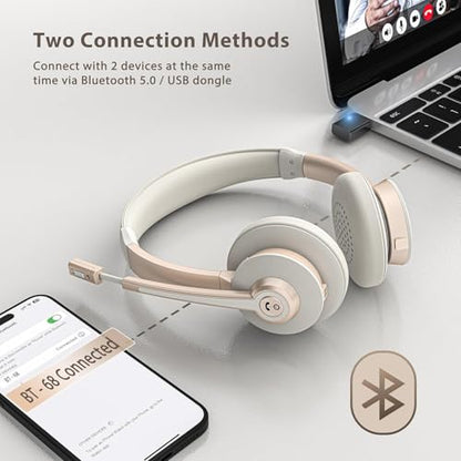 Wireless Headset, Bluetooth Headset with Microphone AI Noise Canceling & USB Dongle, On-Ear Wireless Headphones with Mic Mute & Charge Dock for Work Computer Phone Office Call Meeting