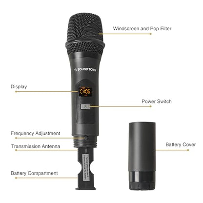 Sound Town 200 Channels Wireless Microphone Karaoke Mixer System, with 4 Metal Handheld Microphones, Optical (Toslink), AUX, for Smart TV, Home Theater, Sound Bar (SWM16-4MEGA) - color: Black & Gray & Blue & Orange