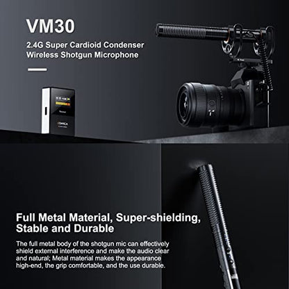 COMICA CVM-VM30 2.4G Super Cardioid Wireless Shotgun Microphone for Camera | Condenser Microphone for Smartphone, and PC with 75/150Hz, Universal Video Microphone for Filmmakers, Vloggers