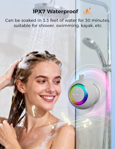 Bluetooth Shower Speaker IPX7 Waterproof: Removable Suction Cup, Grey | 360° Surround Sound, Vacuum-Lock, RGB Light, Portable Wireless Speaker for Beach, Pool, Kayak, Gifts for Adults Teens
