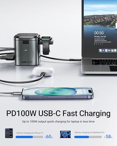 ACEFAST 6-in-1 100W GaN Fast Charging Station for iPhone 17 16 Series,with USB C Retractable Cable,Qi2 25W Magnetic Wireless Charger Desktop Stand for iWatch/for Samsung Galaxy Watch/Airpods