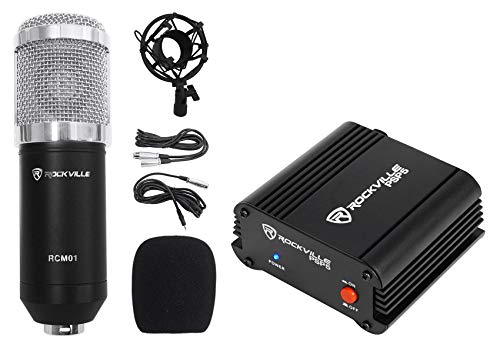 Rockville RCM01 Condenser Microphone Bundle with PSP5 Phantom Power Supply | 25mm Cardioid, XLR and 3.5mm Cables, PSP5 48V Phantom Power for 4 Mics, Shock Mount, Windscreen, Podcast Streaming, 2-Items