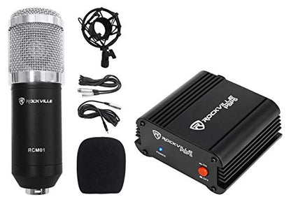 Rockville RCM01 Condenser Microphone Bundle with PSP5 Phantom Power Supply | 25mm Cardioid, XLR and 3.5mm Cables, PSP5 48V Phantom Power for 4 Mics, Shock Mount, Windscreen, Podcast Streaming, 2-Items