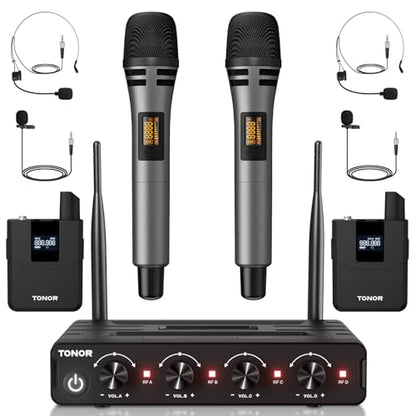 TONOR Wireless Microphone System, Handheld Mic Set with Headset/Lapel Mics | Lavalier Mic with Bodypack Transmitter, Receiver, 60 m/200ft Range Compatible with PA Speaker, for Karaoke, Singing, Church - style: 2 Handheld 2 Bodypack Mics