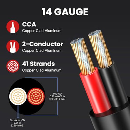 14 Gauge Outdoor Speaker Wire 100ft CL3 Direct Burial CCA Cable | CL2 Rated, 2 Conductor Stranded Core, UV and Weather Resistant, No Conduit Needed Underground, Garden Patio Pool Audio - size: 100FT, style: 14GAUGE