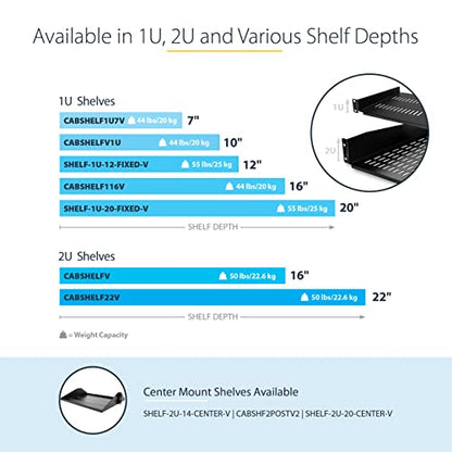 StarTech.com 1U Server Rack Shelf - Vented Rack Mount Cantilever Tray for 19" Network Rack & Cabinet, 44lb/20kg, 10" Deep | Universal 19in fit, Network rack and cabinet, SPCC cold-rolled steel, Perforated airflow, Front-mounted tray - size: 10", style: si