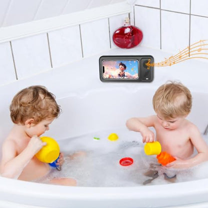Shower Phone Holder with Wireless Bluetooth Speaker , 480° Rotation Retractable Adjustable Shower Case for iphone ,Bathroom Wall Phone Mount Stand WaterProof Anti Fog,Compatible with All 4-7"Cellphone