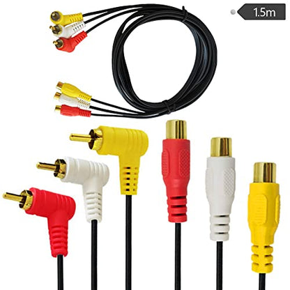 RCA Audio Video Cable - Gold Plated 90 Degree Right Angle 3 RCA Male to Female Audio Video Cable 1.5m/5ft (F to M Bend) - color: Red,White,Yellow