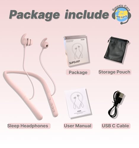 Hmusic HS88 Sleep Earbuds for Side Sleepers, 30dB Noise Isolation | Ultra-Thin Silicone, 12H Playtime with Sleep Timer, Secure Fit Neckband Headphones for Yoga, Travel, Audiobooks & Meditation - color: Pink
