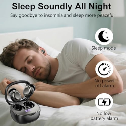 Sleep Ear Buds, 2025 True Wireless Earbuds, Ultra-Mini Bluetooth 5.4 Earbuds for Side Sleepers, 42H Play Hi-Fi Stereo 3D Bass Noise Cancelling Bluetooth headphones, USB C, IP7 Waterproof LED Earphones - color: Black